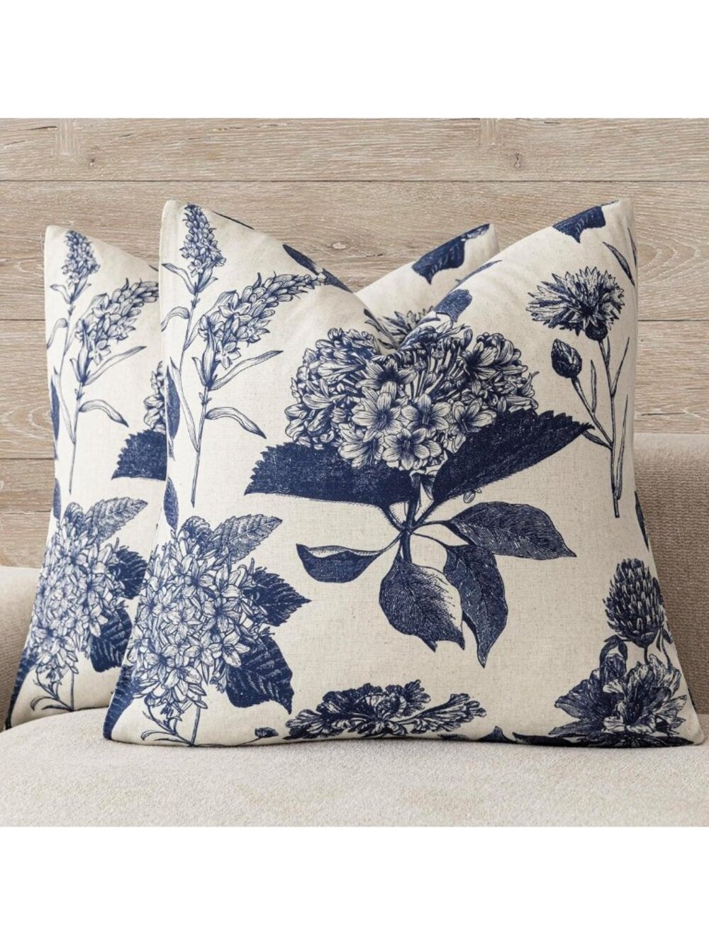 Floral Decorative Throw Pillow Covers 24x24 Inch - Navy Blue Linen Accent